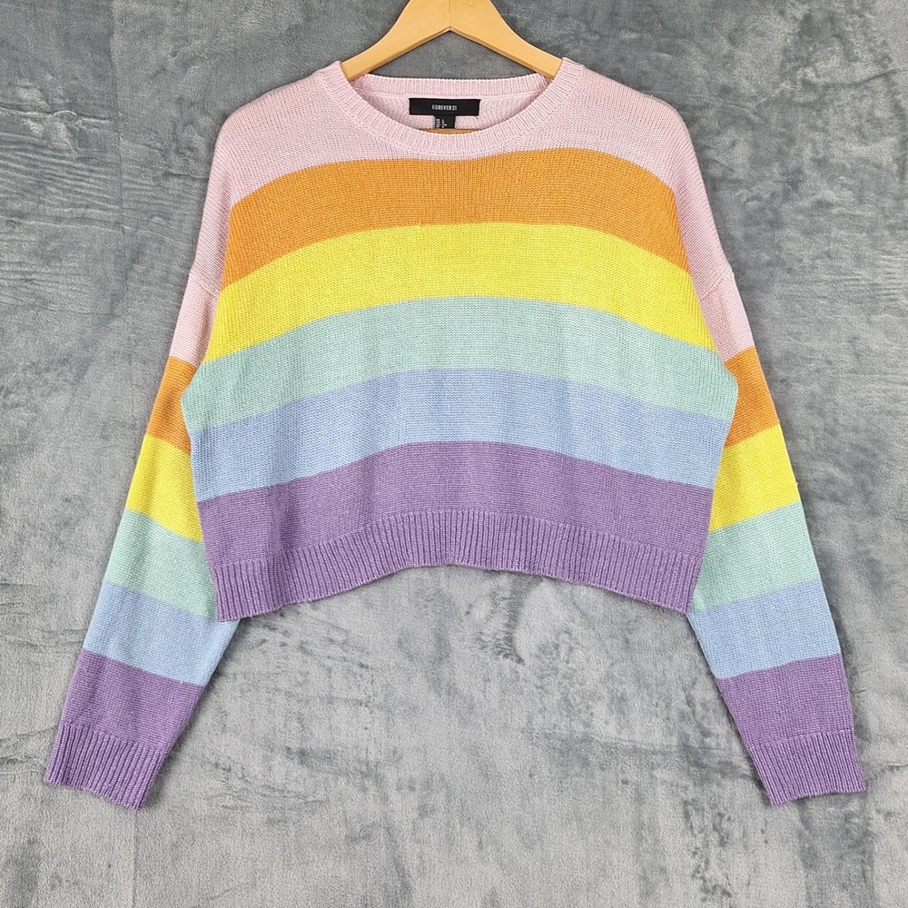 Womens Sweater Large Pastel Rainbow Kidcore Colorful Boho Oversized Relaxed Crop